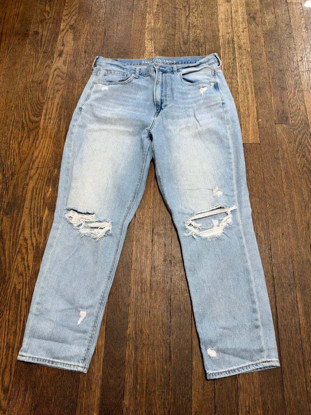 American Eagle Mom Jean Size 12 Light Wash Ripped Denim